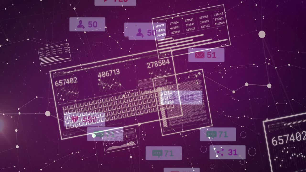 Keyboard grid and UI panels animating from node pulse, grouping while counters rising, showing data