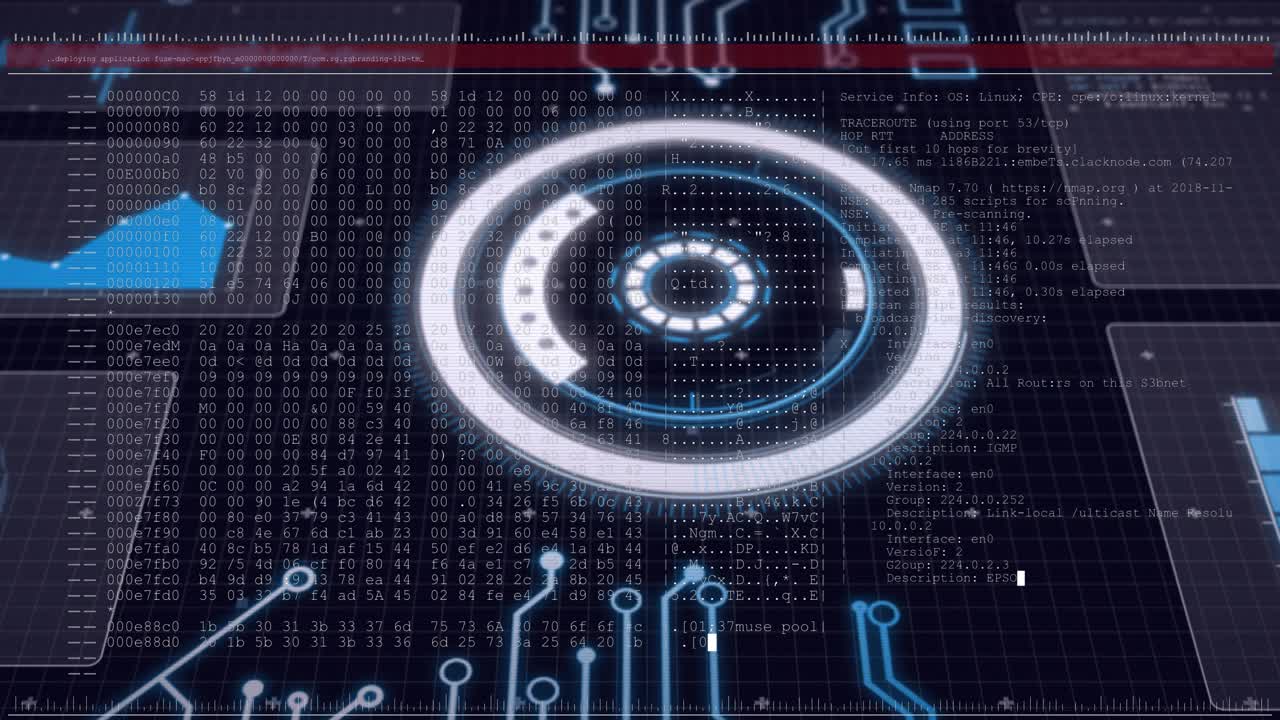 Central HUD rotating and pulsing during system boot, displaying tech data and code overlay