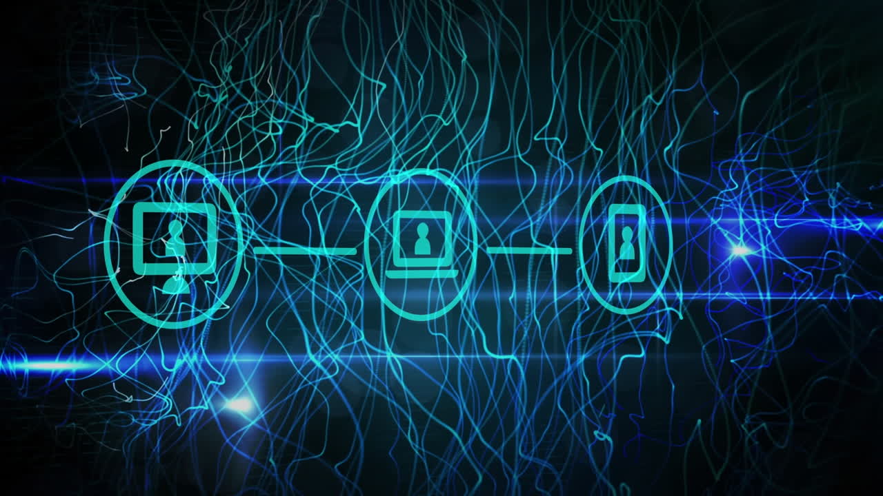 animación de iconos conectados sobre llamaradas de lente y patrones de ondas en fondo negro