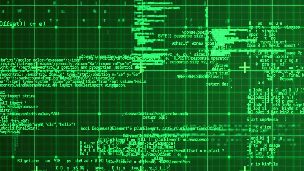 Animation of green digital code and data processing on grid background resembling interface