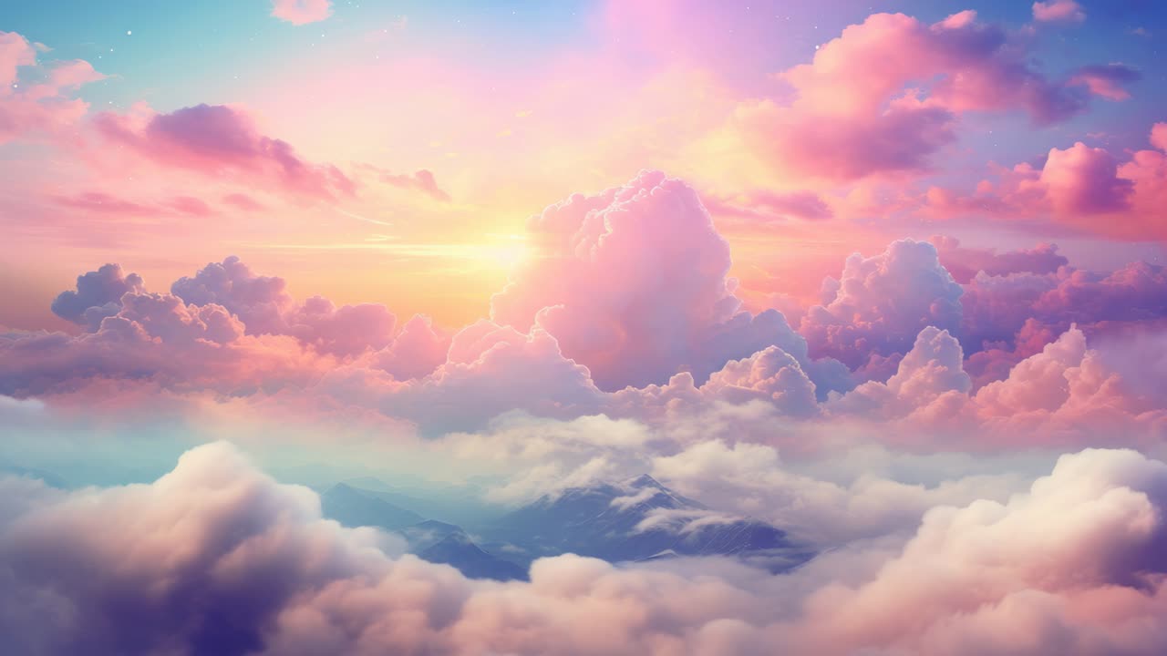 Aerial view of a vibrant, dreamy sunset sky with fluffy clouds, creating a serene, ethereal