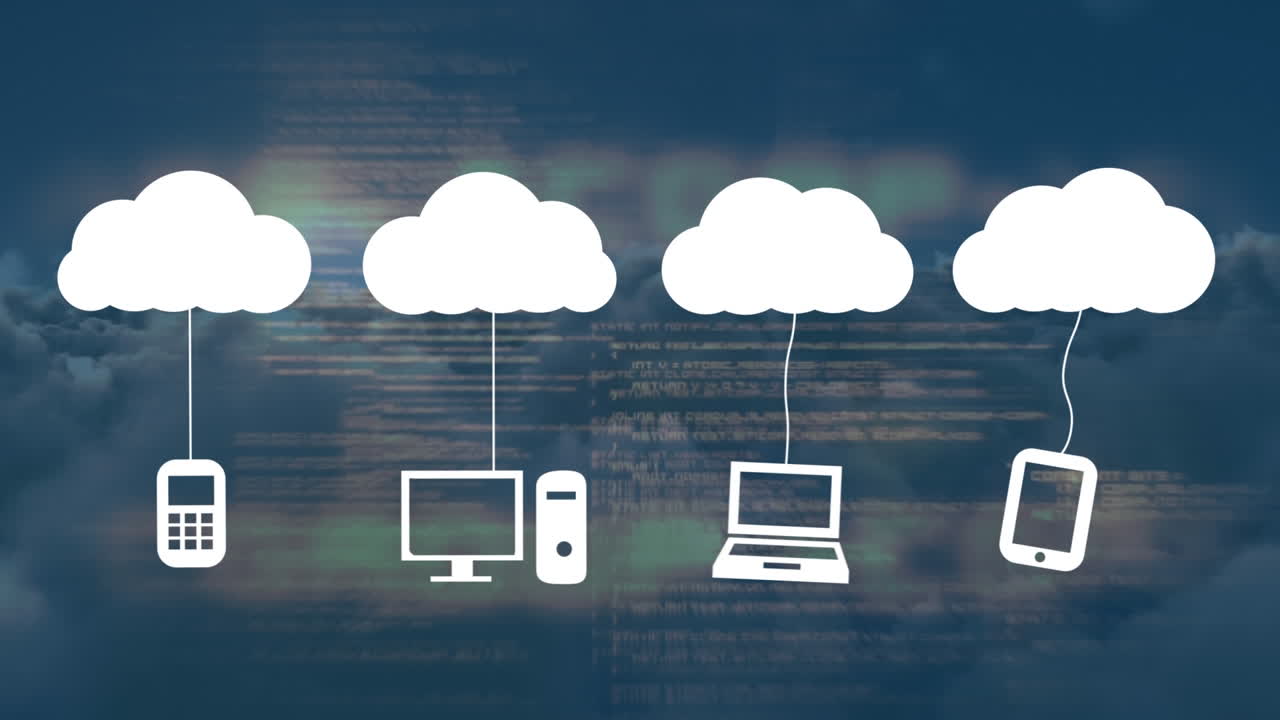 animación de nubes con iconos sobre el procesamiento de datos y el cielo