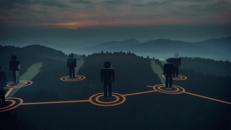 Animation of networks of connections with icons over landscape