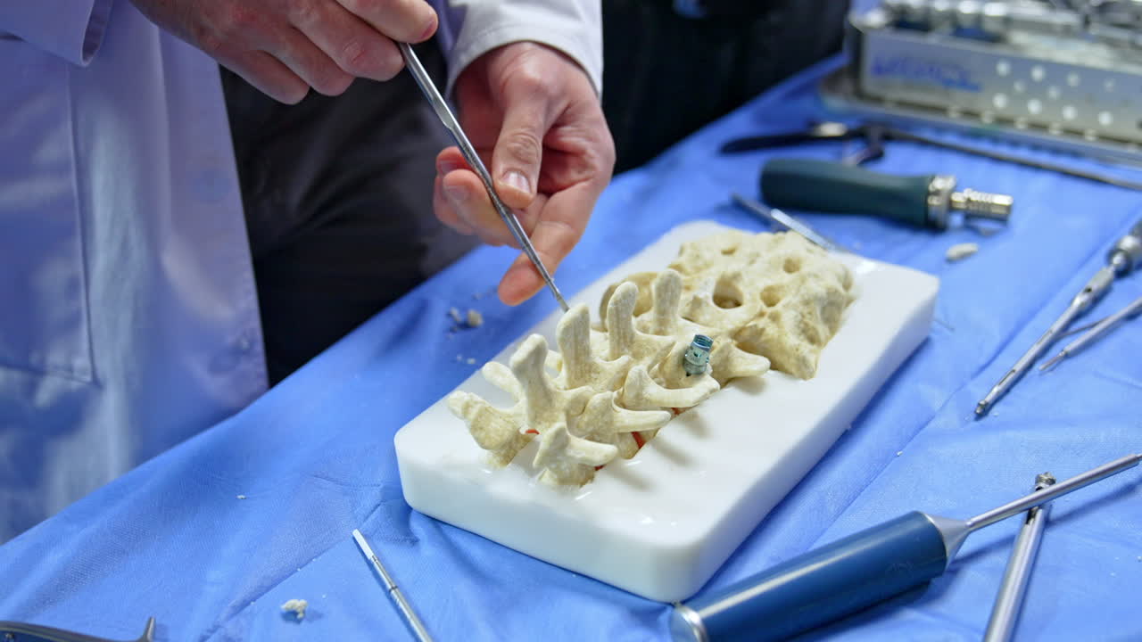 Male wearing white robe stands at the desk with spine dummy and surgical tools. Educator takes an instrument at applies it on the model. Close up.