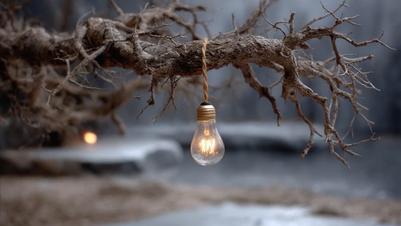 A Captivating Light Bulb Illuminates a Unique Branch Against a Mysterious Background, Capturing the Essence of Nature and Human Creativity in a Subtle Dance of Light and Shadow