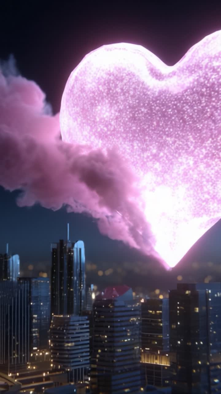 Um Espetáculo Deslumbrante de um Coração Cintilante no Céu Noturno Acima de uma Cidade Vibrante, Criando uma Atmosfera Onírica Cheia de Brilhos Coloridos e Maravilha