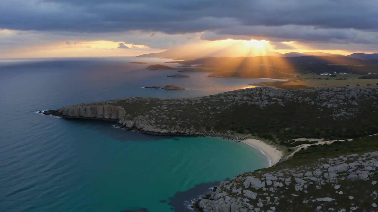 Telecamera drone che avanza mostrando scogliere e una baia curva mentre un varco tra le nuvole si apre e raggi di sole illuminano la costa