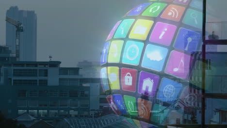 glowing digital globe being animated over city skyline highlighting bright app icons in flat design