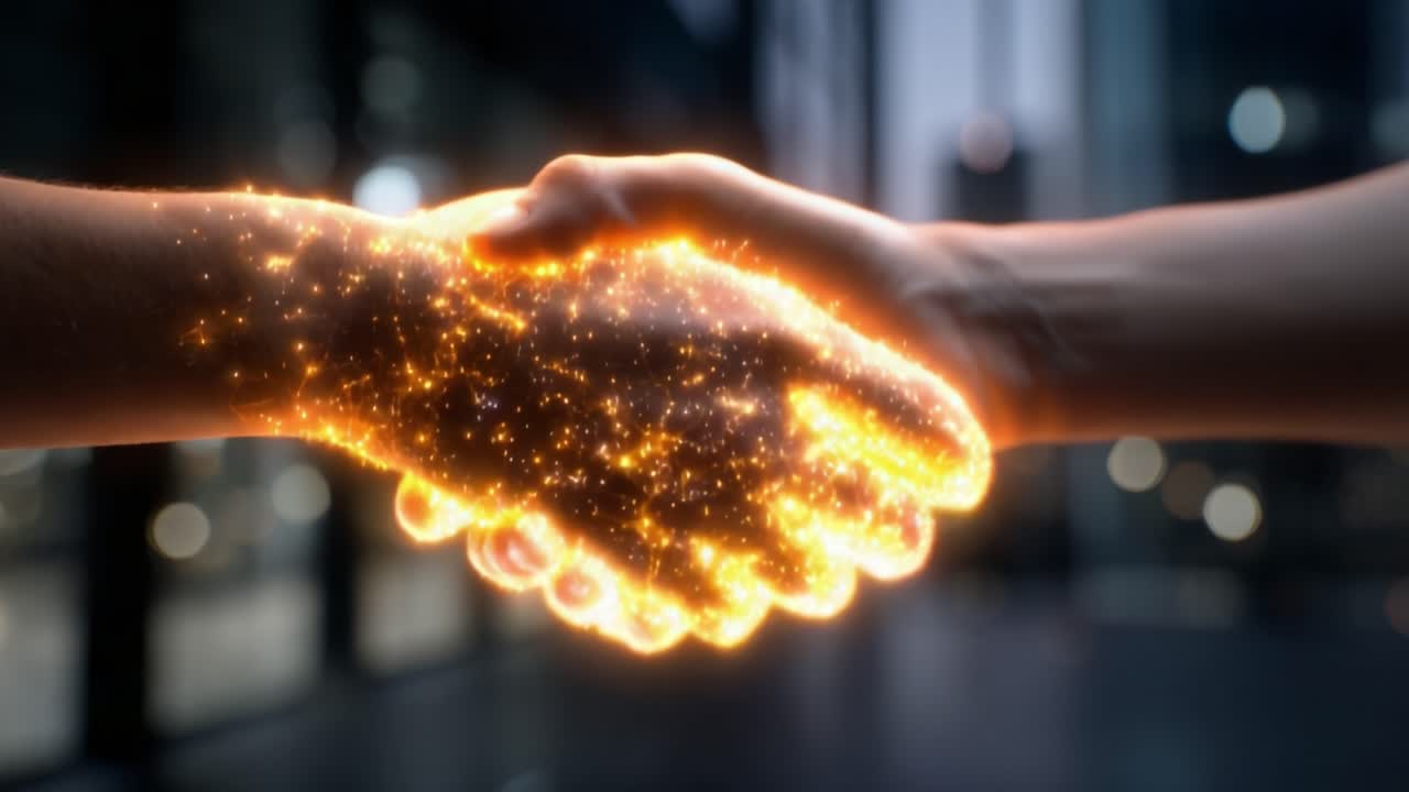 A Vibrant Connection: Two Hands Shake, Sparkling with Energy and Light, Symbolizing Collaboration, Partnership, and Prosperity in a Modern Setting