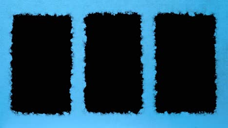 tres cajas negras verticales para video o imagen en video con fondo de papel texturizado de gradiente azul claro, listo para la tecla luma