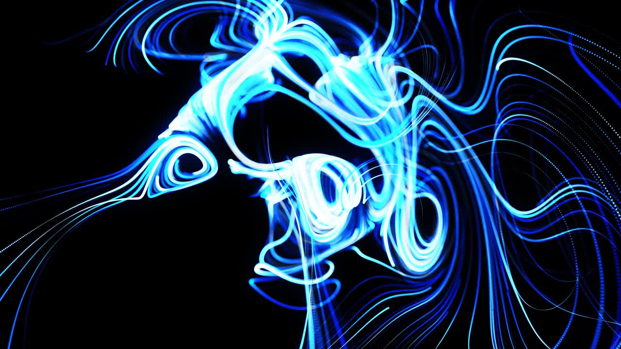 líneas rápidas de rayas de luz. flujo de partículas forma líneas azules rizadas como senderos de luz brillante, líneas forman patrón giratorio como ruido de rizado. animación 3d abstracta como brillante creativo festivo bg