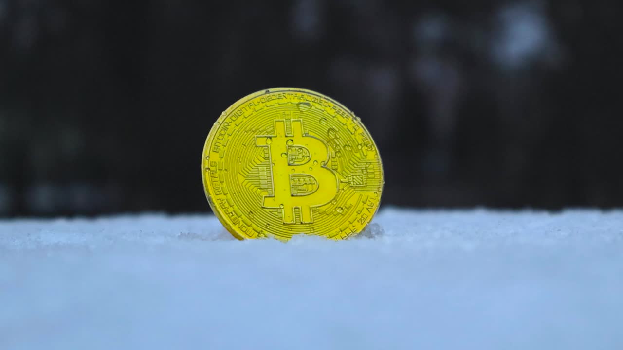 imagen magnífica de una moneda de criptomoneda de bitcoin amarillo dorado de pie en la nieve blanca al aire libre mientras la nieve cae sobre ella y a su alrededor.
