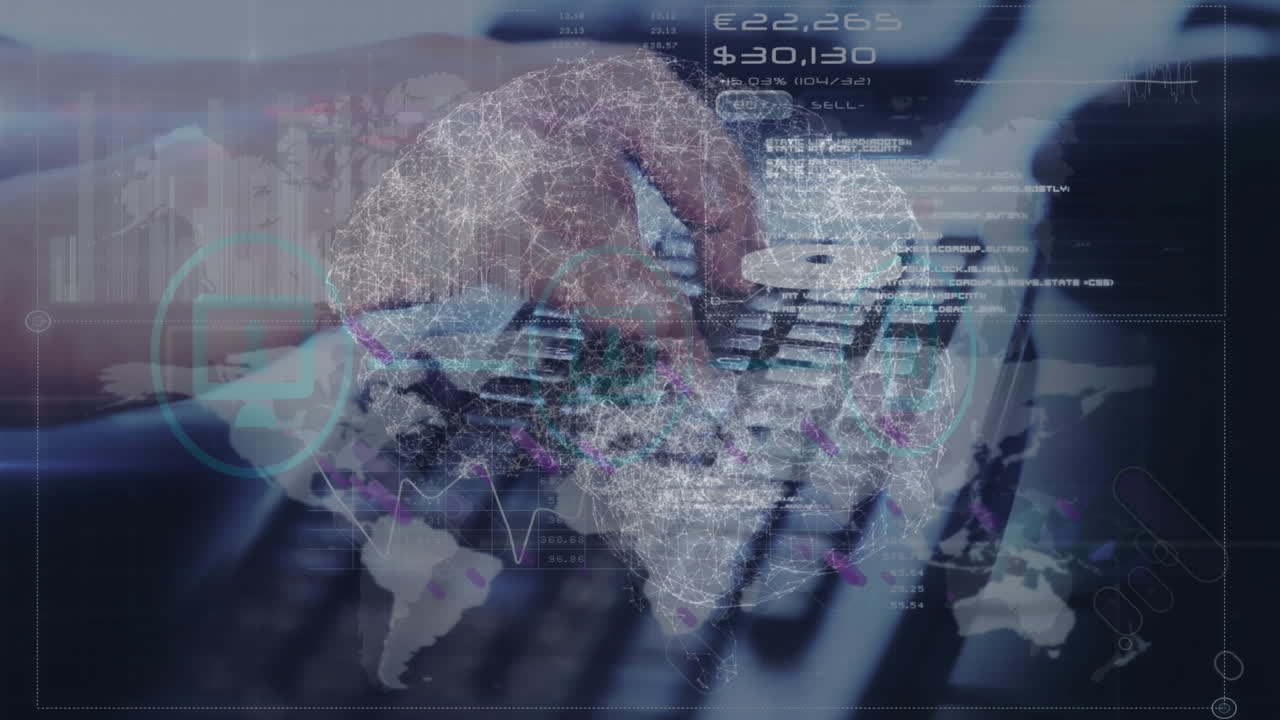 Animation of purple lines with globe and data processing over hands typing on keyboard