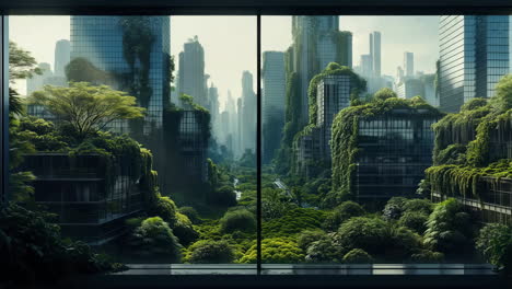 nature reclaiming a futuristic city through a window