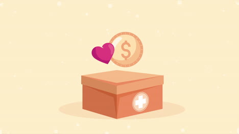 caja de donaciones de caridad con animación de corazones