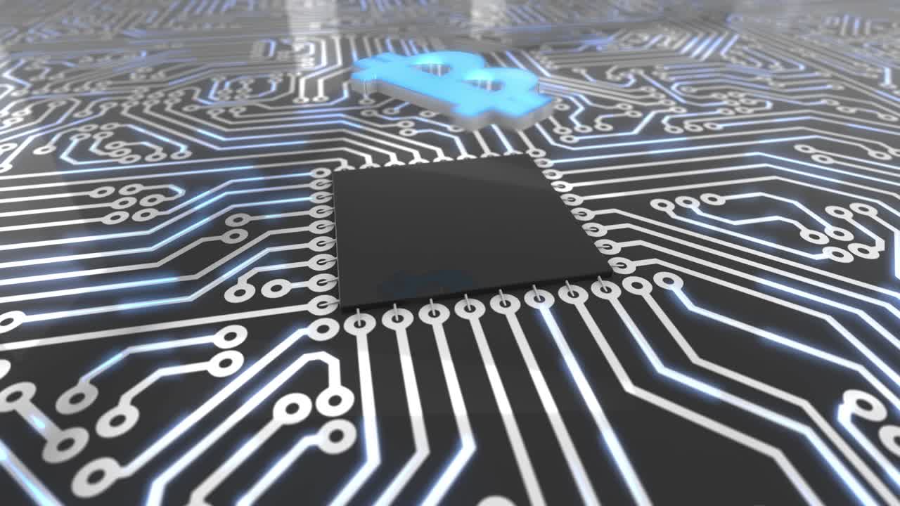 el concepto de la placa de circuitos giratorios de computadora de color azul oscuro es el bucle de bitcoin 4k.
