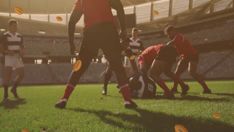 Animation-of-rugby-balls-with-romania-text-over-diverse-male-rugby-players-at-stadium