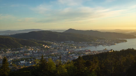 afternoon view of the city of bergen, norway, from a viewpoint up in the mountains