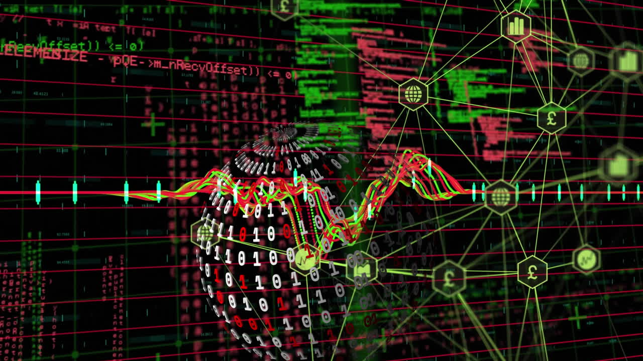 animación de procesamiento de datos y globo sobre red de conexiones con íconos