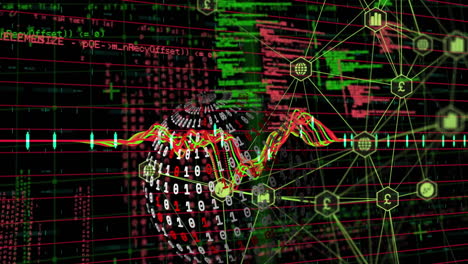 animación de procesamiento de datos y globo sobre red de conexiones con íconos