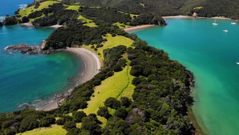 sailboats floating on turquoise blue water of bay of islands surrounding lush urupukapuka island in new zealand on a sunny summer afternoon, aerial drone