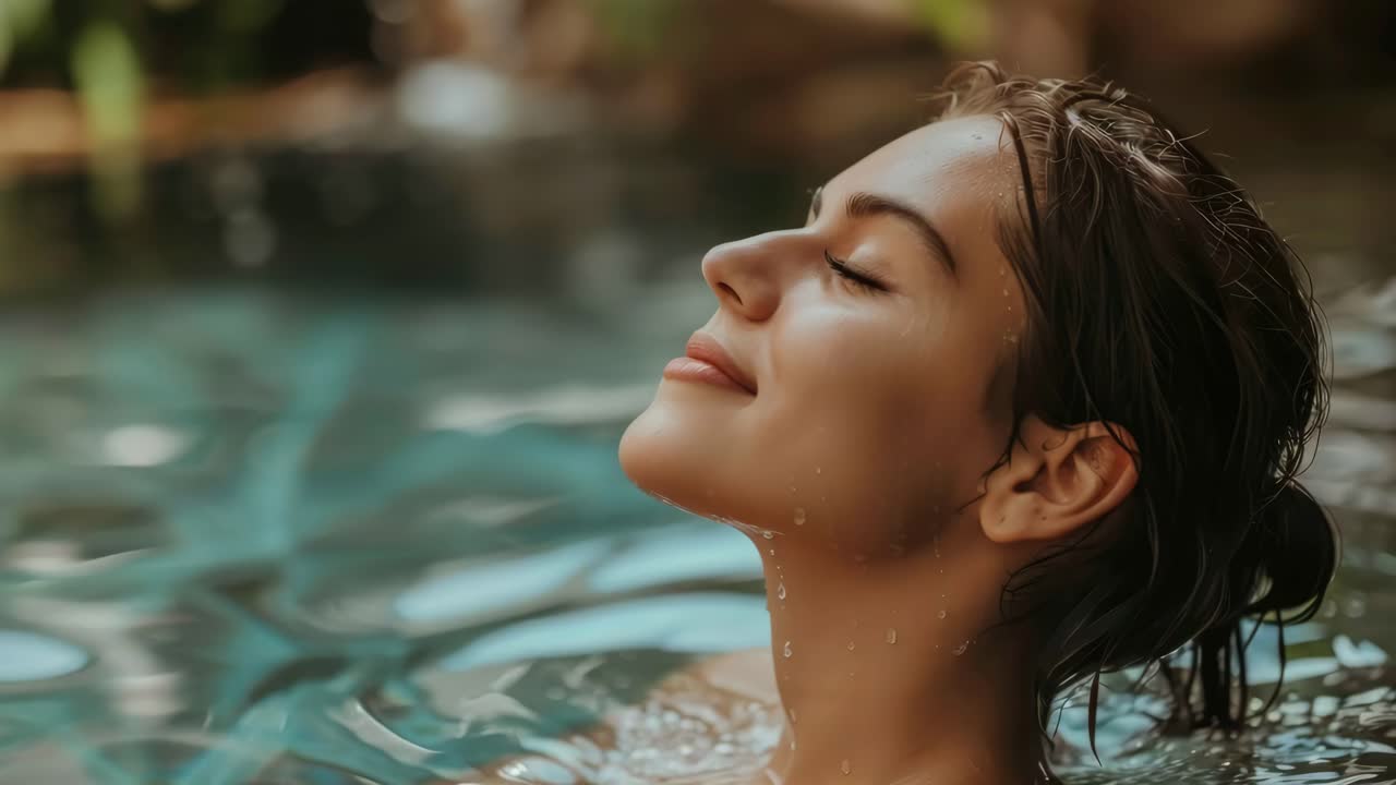 Angolazione video serena in primo piano di una donna in piscina, a occhi chiusi, che si gode la tranquillità.