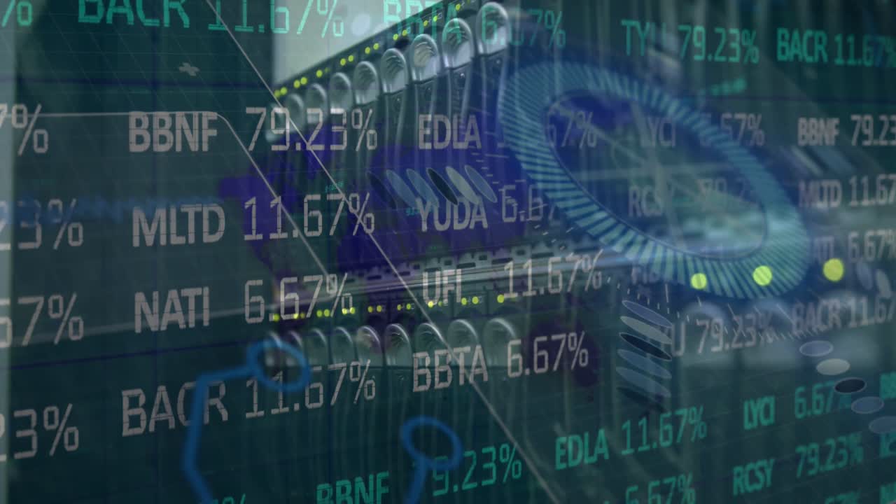 procesamiento de datos del mercado de valores y escáner redondo contra el cierre de un servidor de computadora