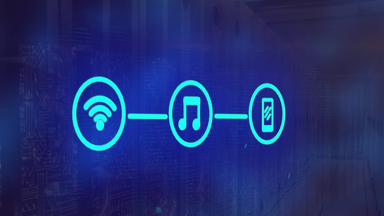 animação de ícones de mídia sobre a sala do servidor