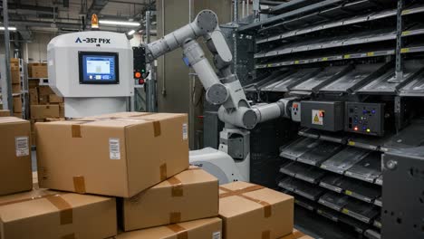 automated warehouse system: a robotic arm organizing packages in a modern storage facility demonstrating advanced inventory management solutions