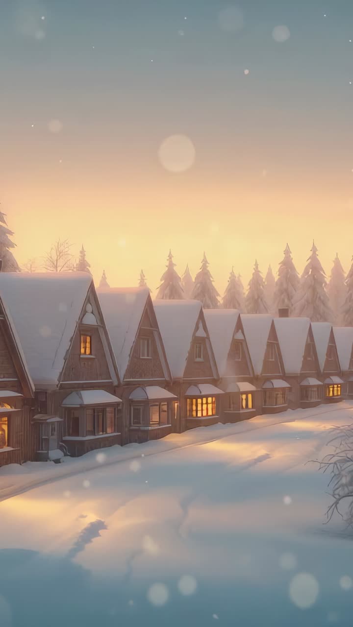 Vertical video: Panning camera moving to reveal row of gabled chalets at dawn, showing lit windows
