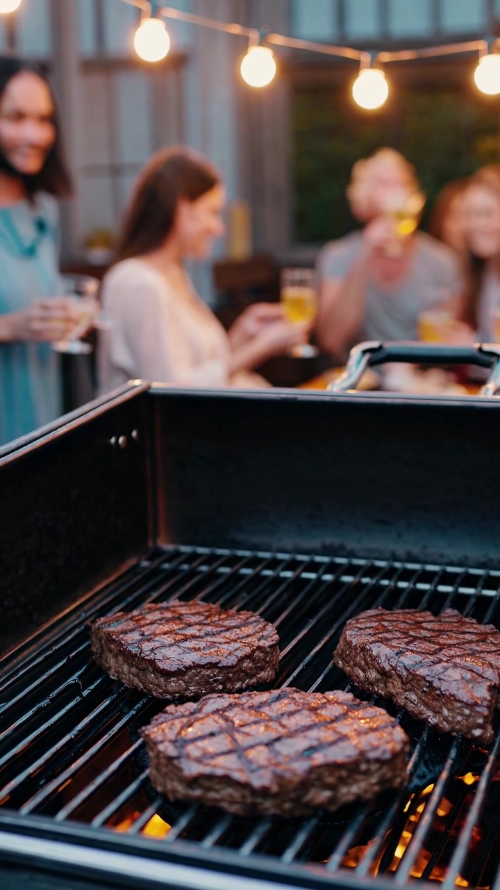 Deliziosi hamburger che grigliano a una festa serale all'aperto
