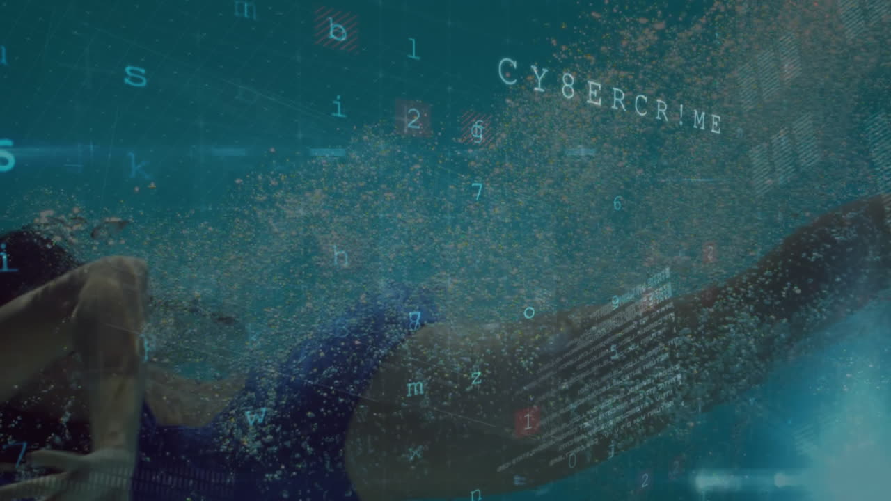 Woman swimming against numeric codes and data graphs