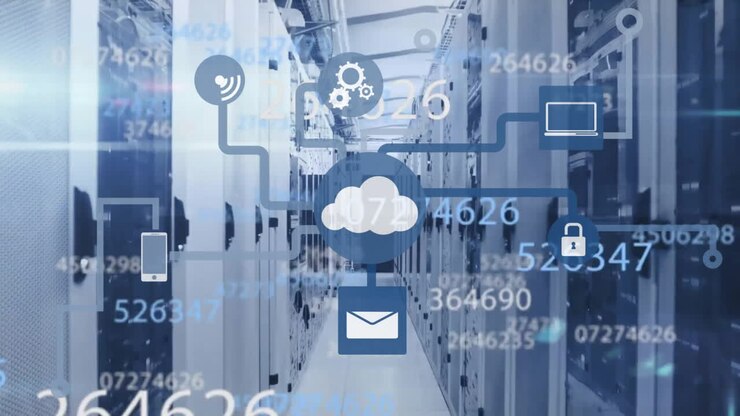 Animation of cloud icon with network of connections and data processing over computer servers