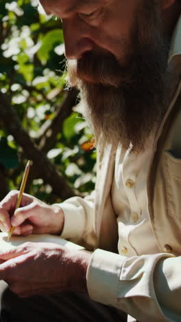 elderly man writing in a garden