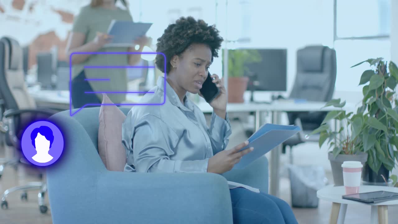 Chat icon and speech bubble over african american casual businesswoman on phone in office