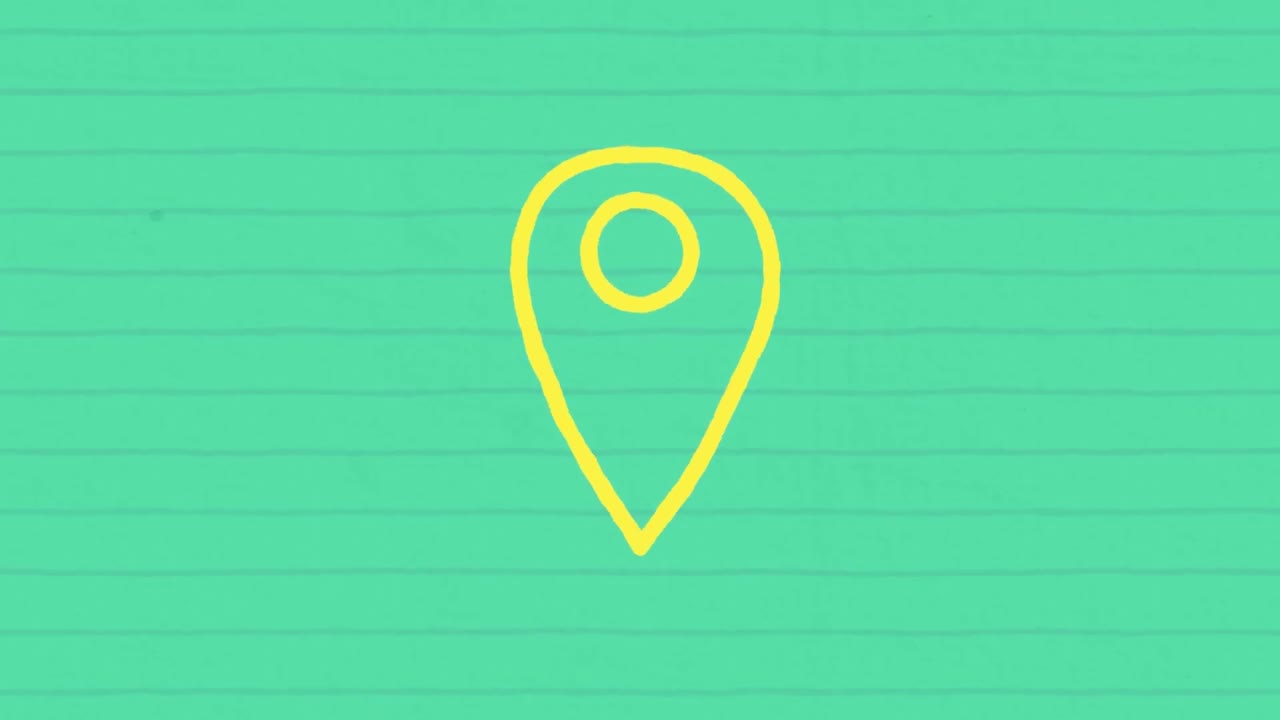animación del icono del pin de ubicación delineado en amarillo dibujado a mano con un marcador en papel alineado en verde