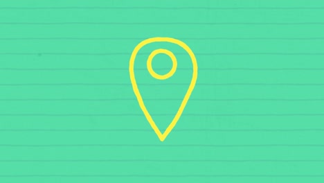 Animation-of-yellow-outlined-location-pin-icon-hand-drawn-with-a-marker-on-green-lined-paper