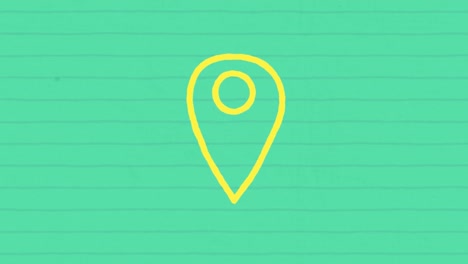 animación del icono del pin de ubicación delineado en amarillo dibujado a mano con un marcador en papel alineado en verde