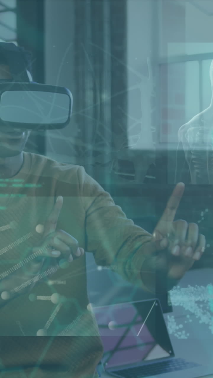 Animation of data processing over african american businessman using vr headset