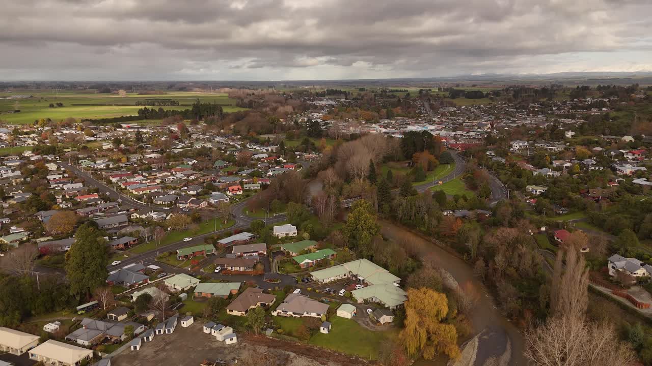 Panoramic aerial view of Geraldine Town in New Zealand's South Island