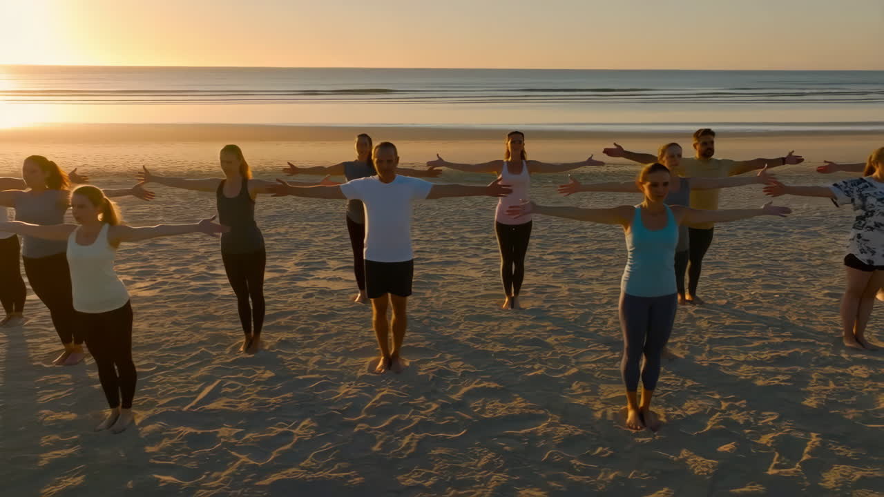 Group Yoga and Wellness Session on a Beach at Sunrise