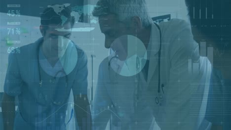 animation of data processing over team of diverse doctors and health workers discussing at hospital
