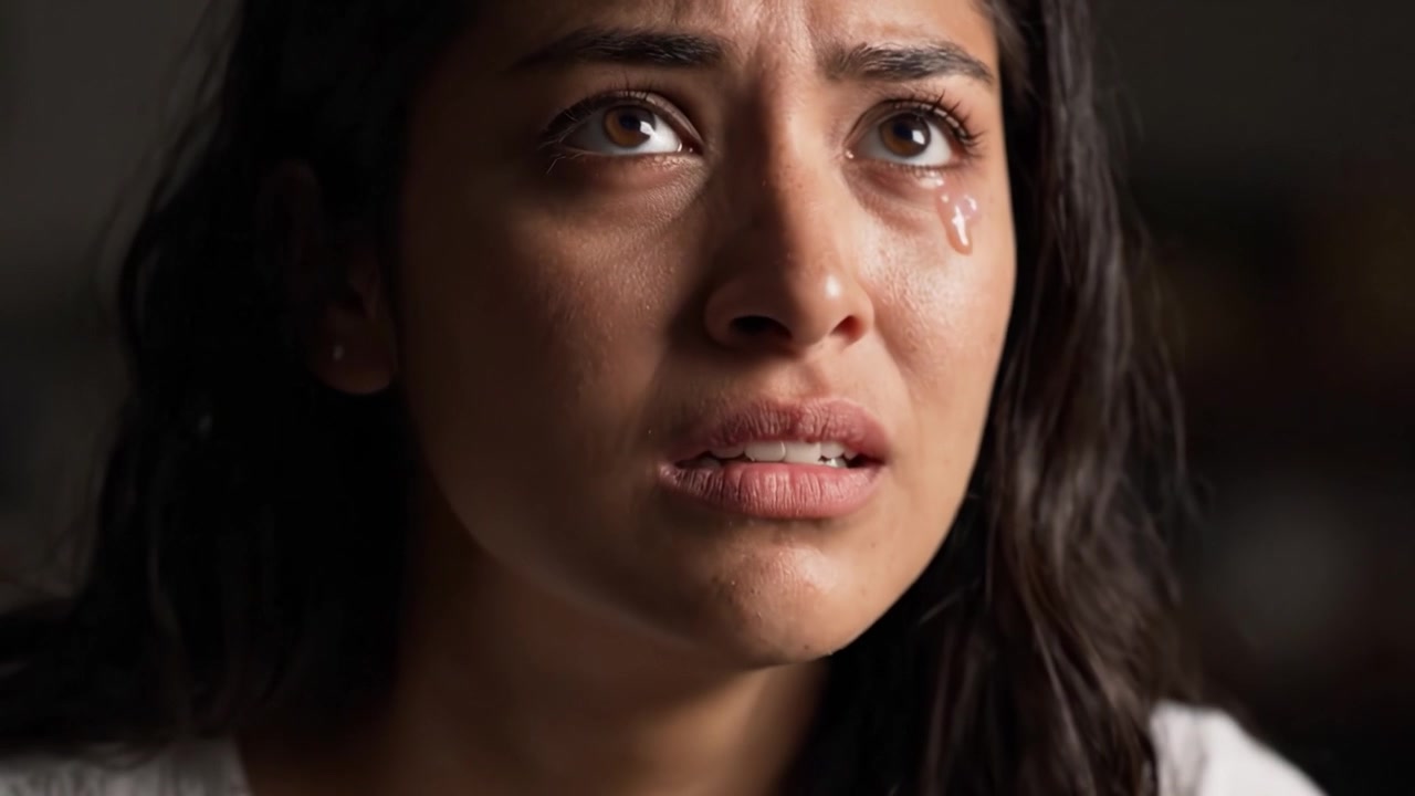 A poignant display of raw emotion captured in two frames, showcasing a woman experiencing deep sorrow, as tears signify her turmoil and vulnerability in a poignant moment.