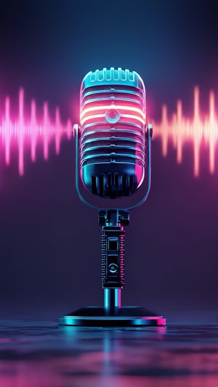 Un microfono vibrante che cattura le onde sonore: una rappresentazione artistica della tecnologia audio con luci al neon e un'estetica futuristica.