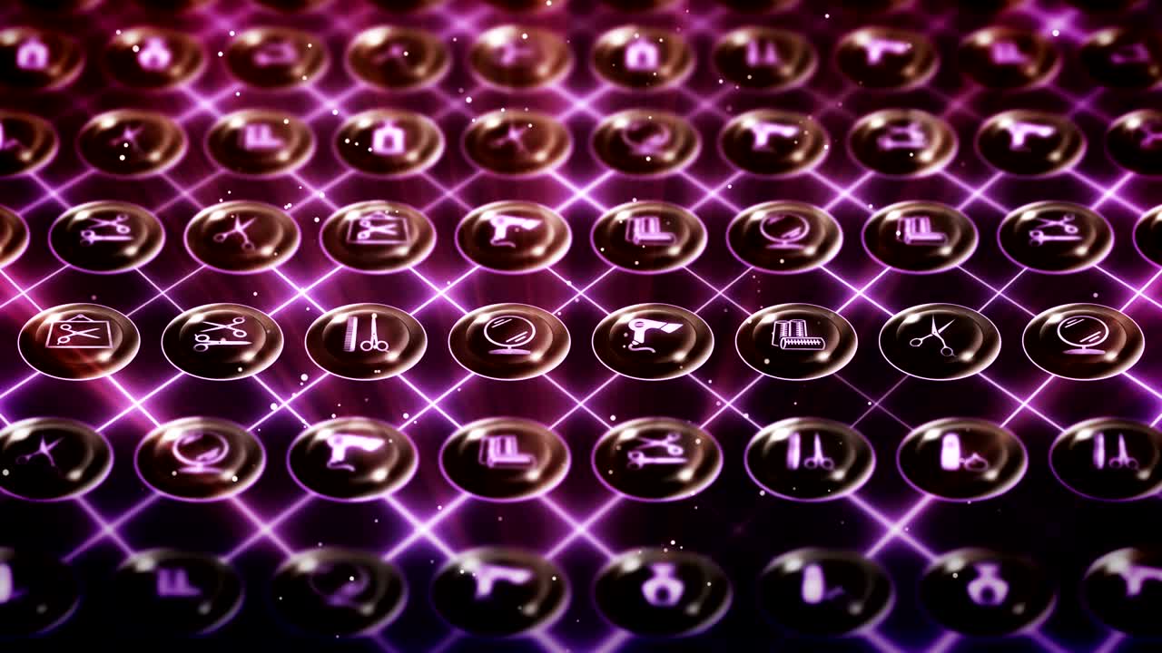 conjunto de iconos de peluquería, fondo de artículos de pelucería, animación de bucle cg,