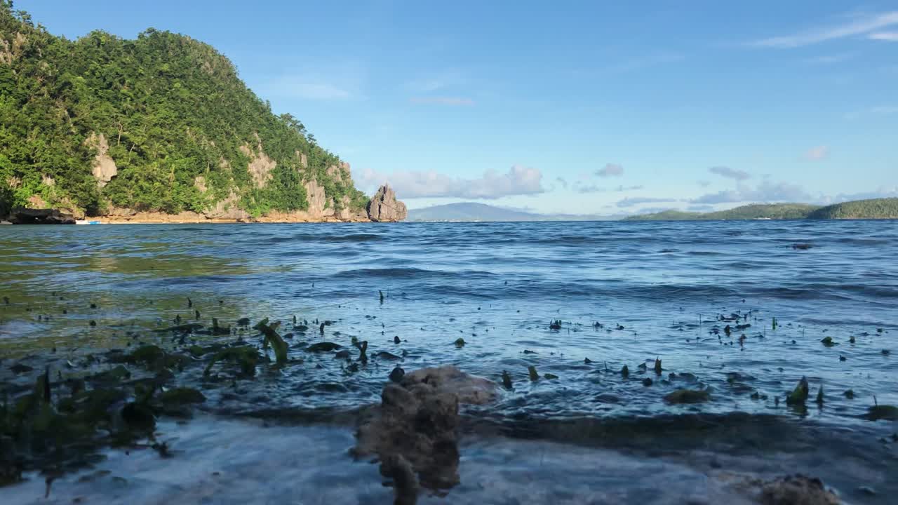 섬의 썰물 때 파도와 해초를 닫으세요