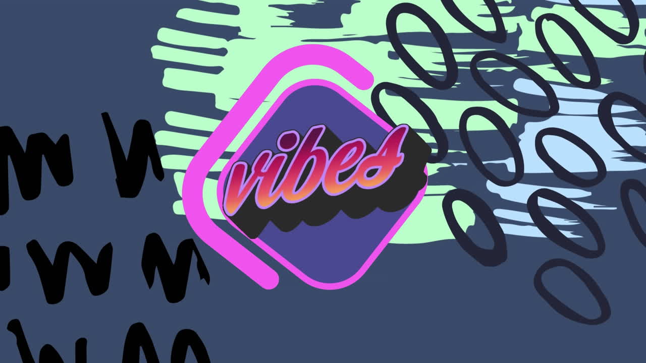 Mavi arka plan üzerinde şekillerin üzerinde "vibes" metni animasyonu.