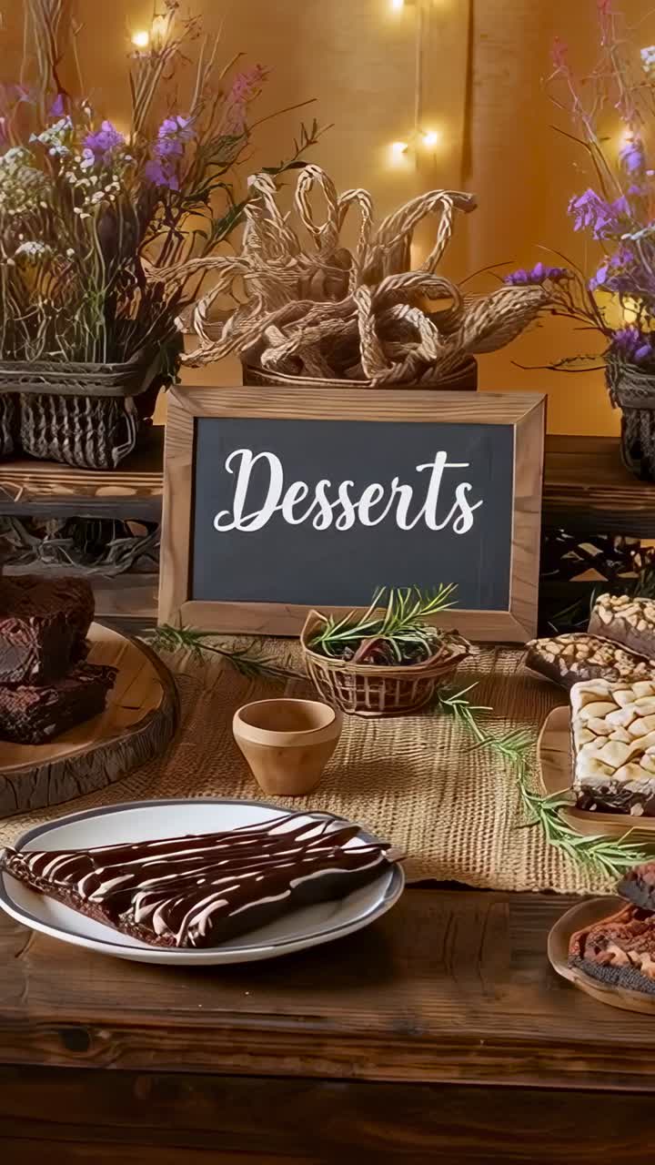 Vertical video: Lifting camera from tight frame, revealing desserts at cafe, Desserts sign for sale