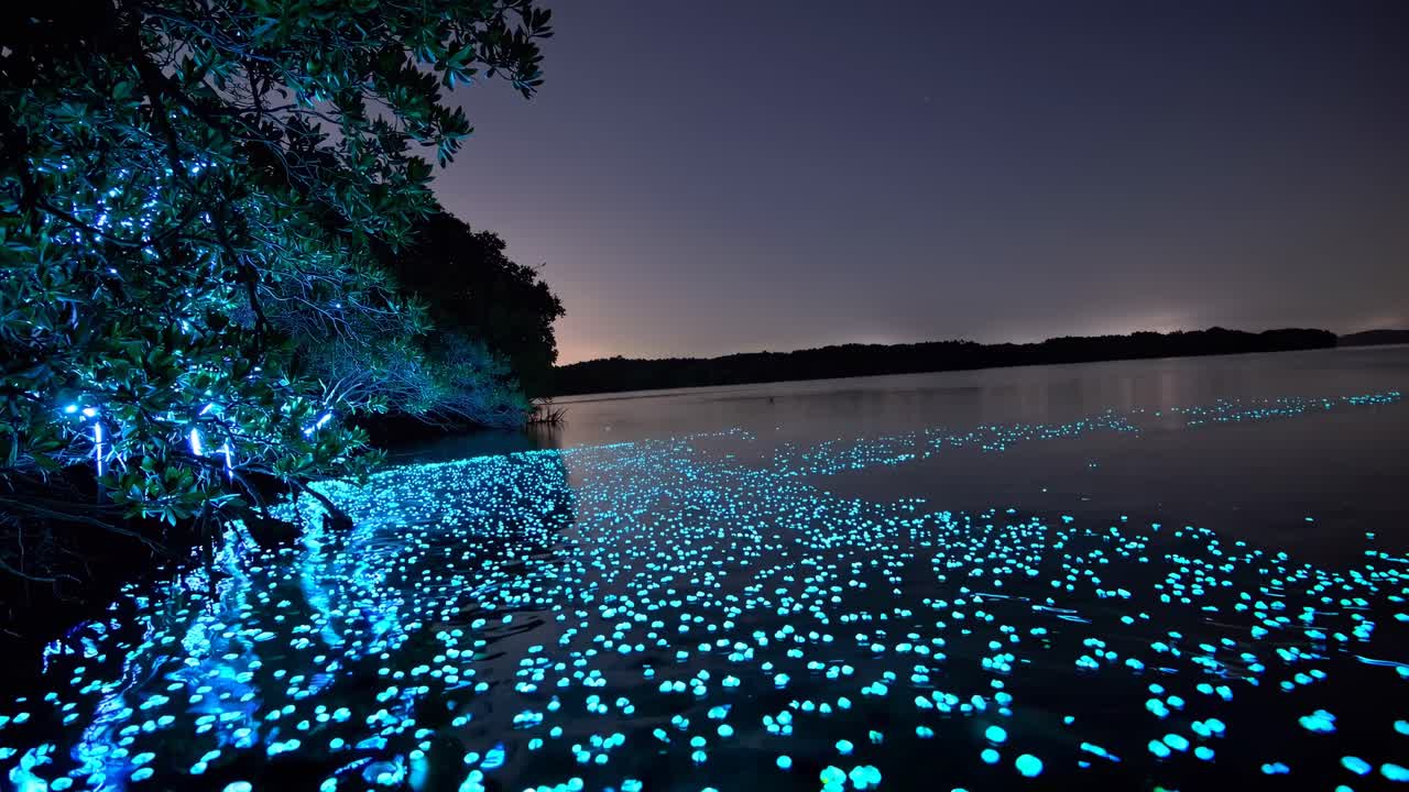 Un video de un sereno paisaje nocturno captura brillantes aguas bioluminiscentes desde un ángulo bajo.