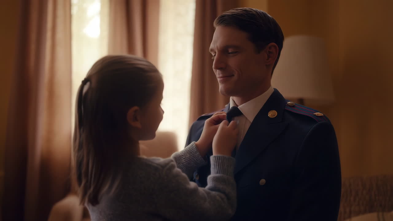 A daughter helps her father with his uniform